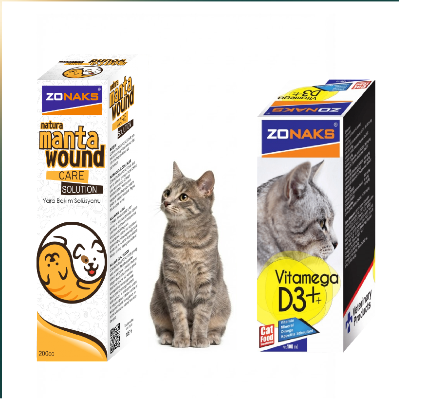 Zonaks Vıtamega D3 Cat 100 ML + Wound Care Yara Bakım Solüsyonu 200 cc - Kedi Vitamin ve Bakım Seti